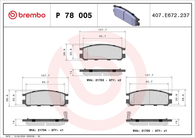 P78005 BREMBO Kit pastiglie freno, Freno a disco 