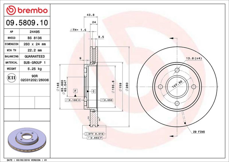 09.5809.10 BREMBO Disco freno 