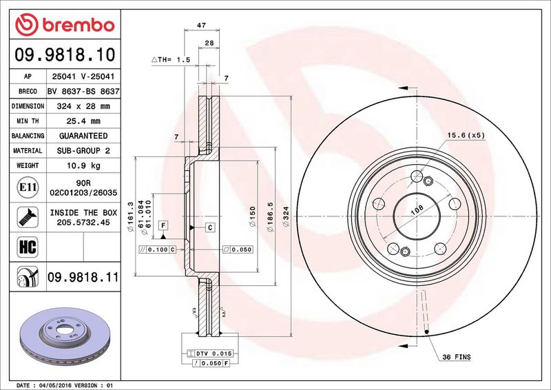 09.9818.11 BREMBO Disco freno 