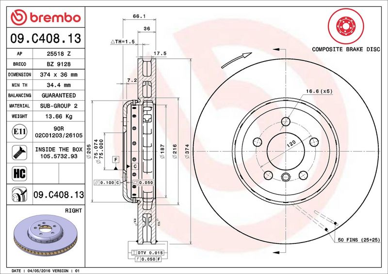 09.C408.13 BREMBO Disco freno 