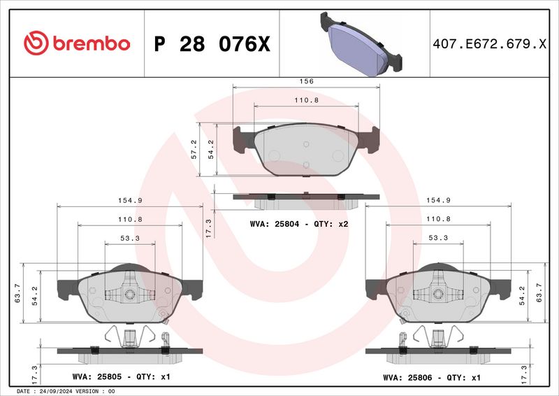 P28076X BREMBO Kit pastiglie freno, Freno a disco 