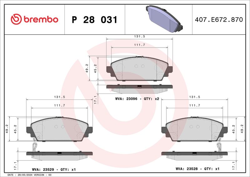 P28031 BREMBO Kit pastiglie freno, Freno a disco 