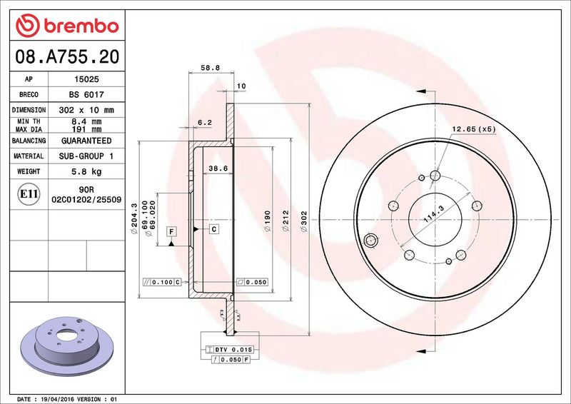 08.A755.20 BREMBO Disco freno 