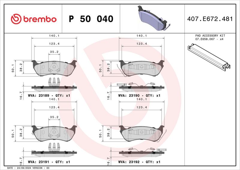 P50040 BREMBO Kit pastiglie freno, Freno a disco 