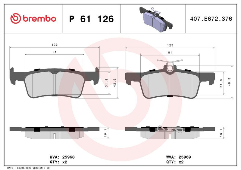 P61126 BREMBO Kit pastiglie freno, Freno a disco 