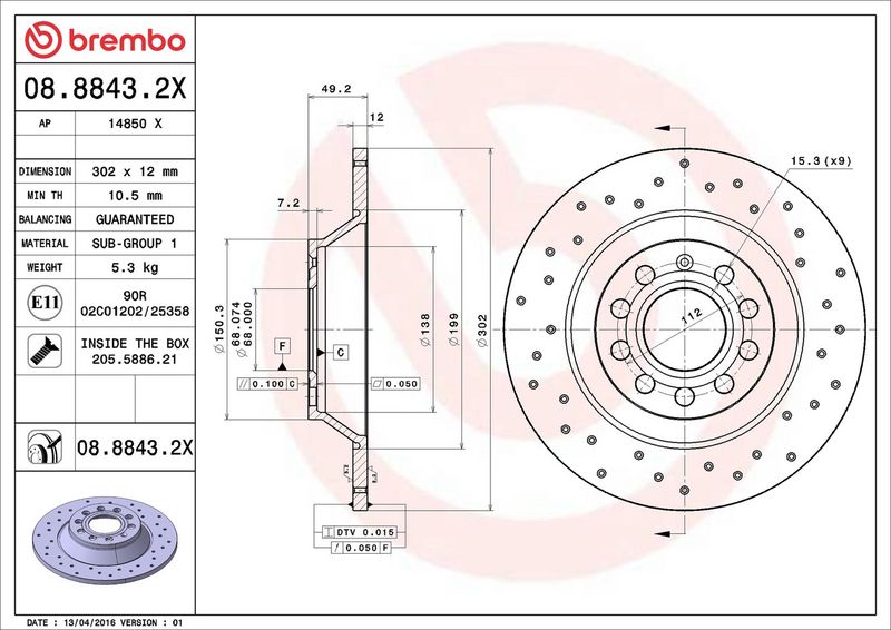08.8843.2X BREMBO Disco freno 