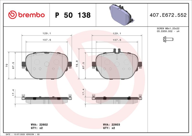 P50138 BREMBO Kit pastiglie freno, Freno a disco 