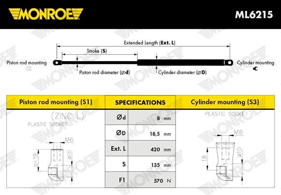ML6215 MONROE Ammortizzatore pneumatico, Cofano motore 