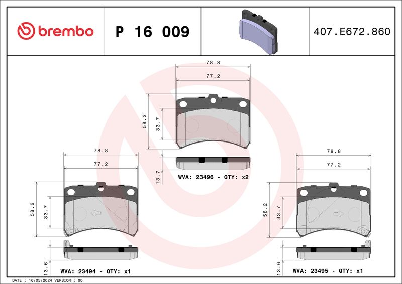 P16009 BREMBO Kit pastiglie freno, Freno a disco 