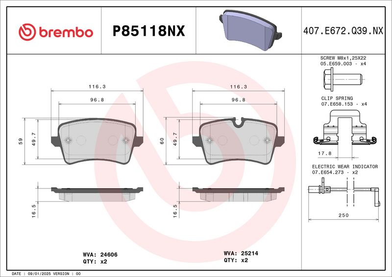 P85118NX BREMBO Kit pastiglie freno, Freno a disco 