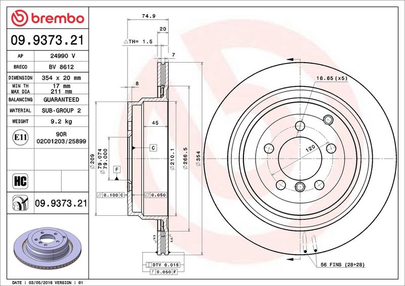 09.9373.21 BREMBO Disco freno 