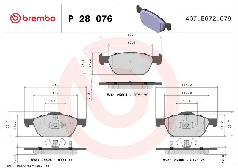 P28076 BREMBO Kit pastiglie freno, Freno a disco 
