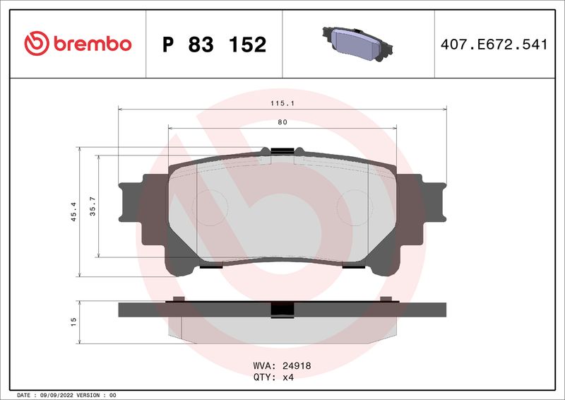 P83152 BREMBO Kit pastiglie freno, Freno a disco 