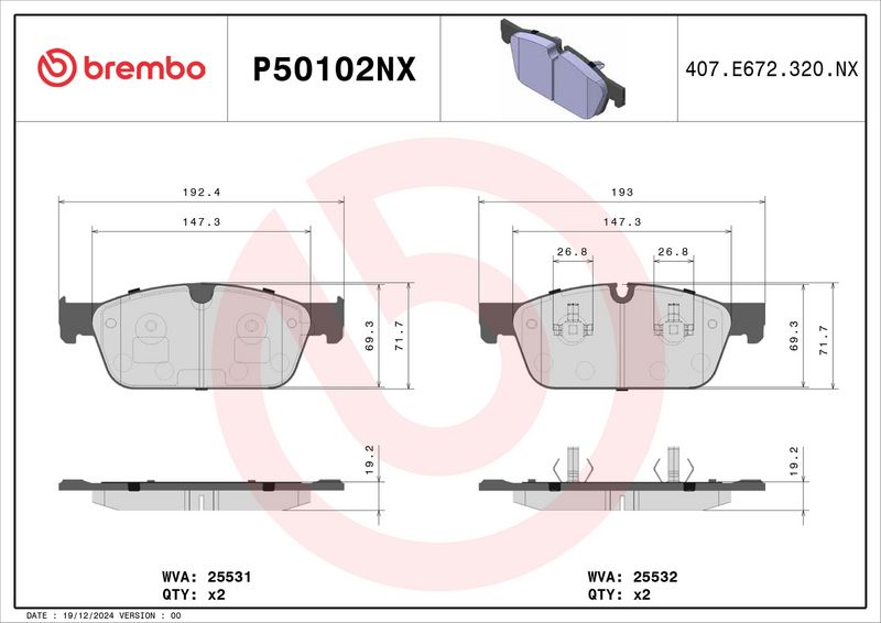 P50102NX BREMBO Kit pastiglie freno, Freno a disco 