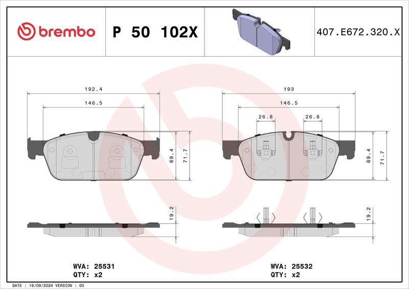 P50102X BREMBO Kit pastiglie freno, Freno a disco 