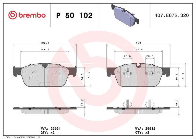 P50102 BREMBO Kit pastiglie freno, Freno a disco 