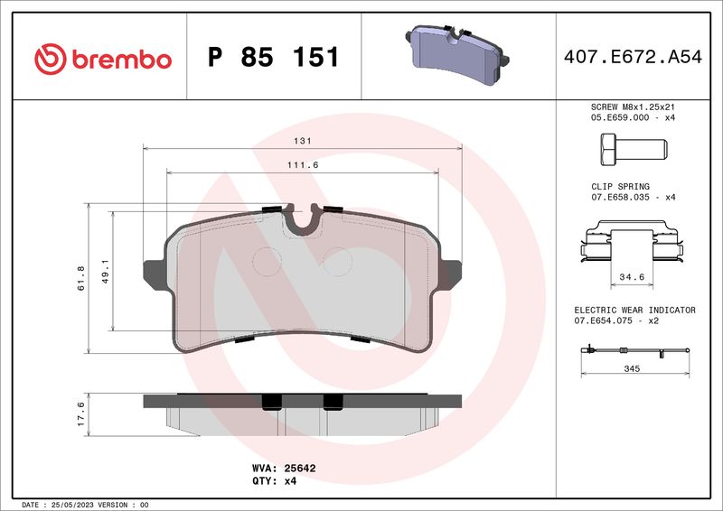 P85151 BREMBO Kit pastiglie freno, Freno a disco 