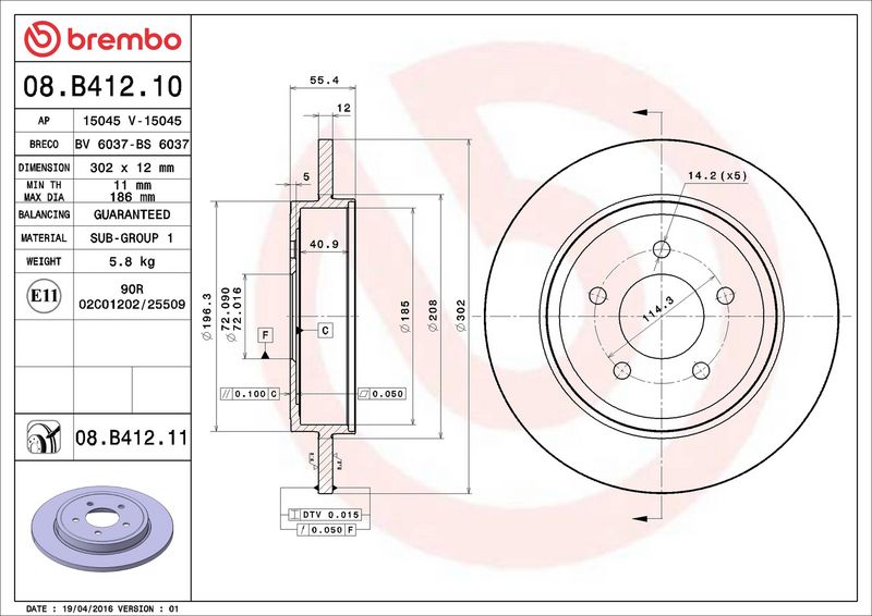 08.B412.11 BREMBO Disco freno 