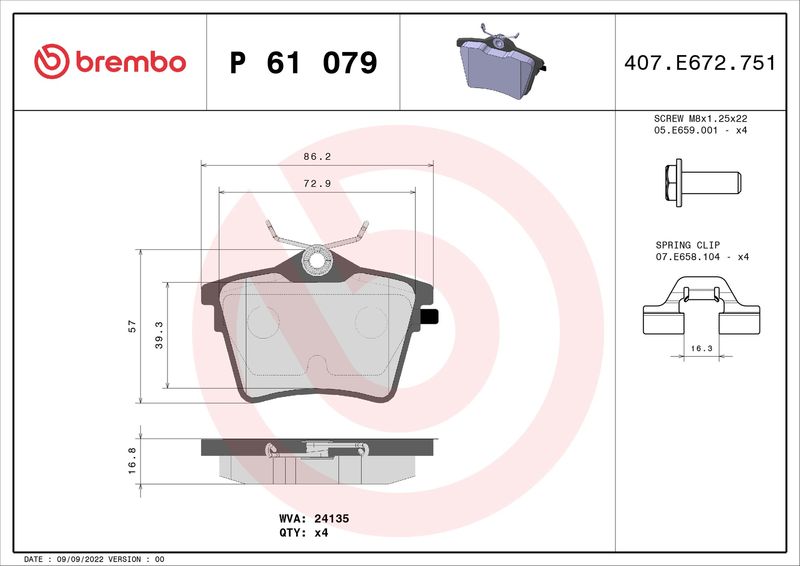 P61079 BREMBO Kit pastiglie freno, Freno a disco 