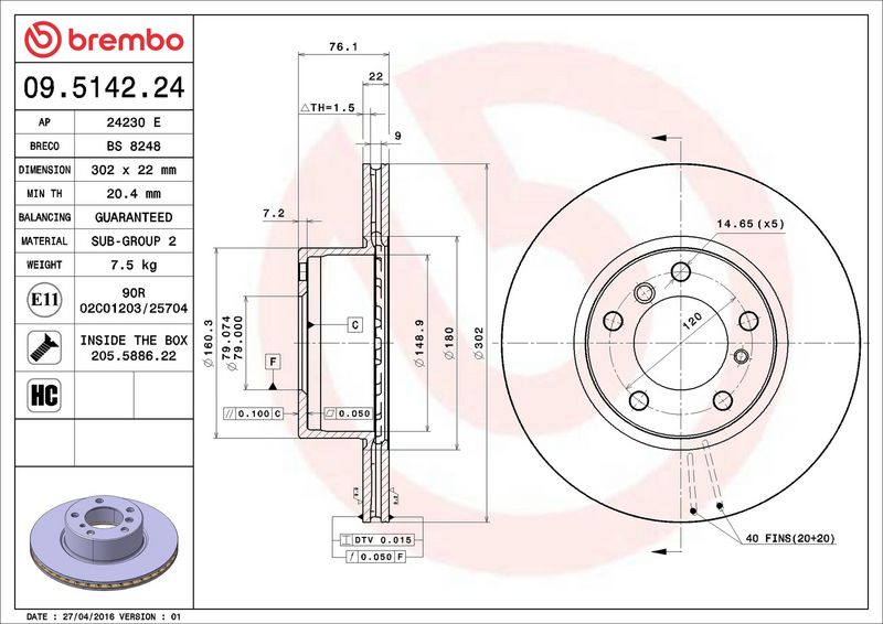 09.5142.24 BREMBO Disco freno 