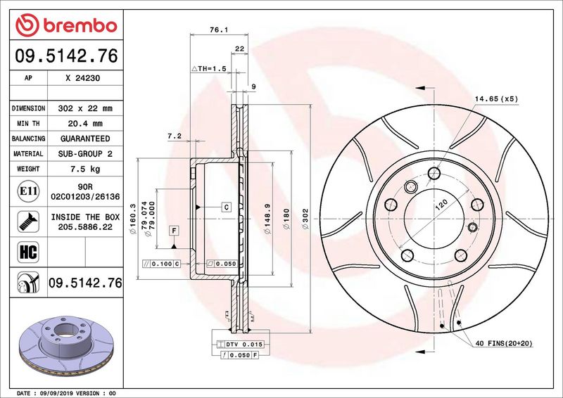 09.5142.76 BREMBO Disco freno 