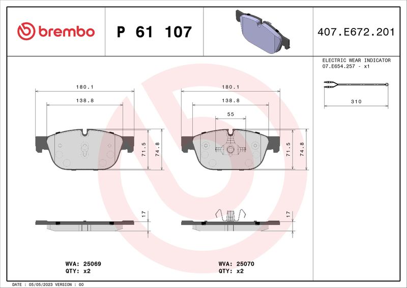 P61107 BREMBO Kit pastiglie freno, Freno a disco 
