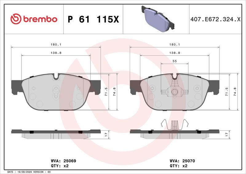 P61115X BREMBO Kit pastiglie freno, Freno a disco 