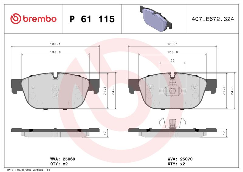 P61115 BREMBO Kit pastiglie freno, Freno a disco 