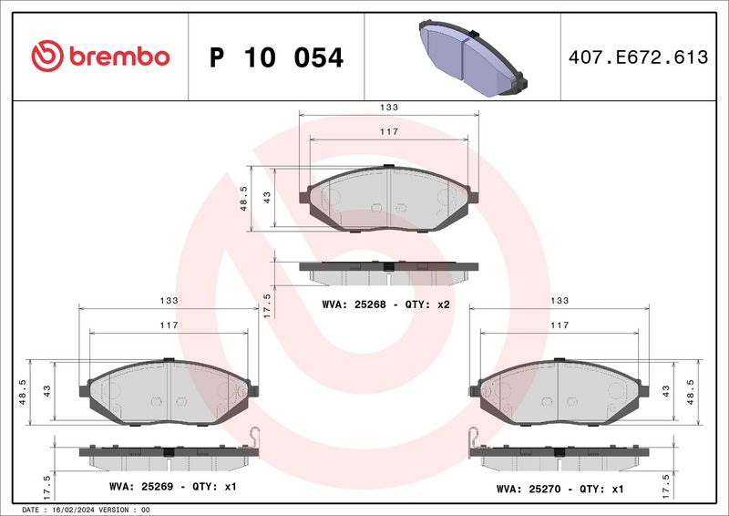P10054 BREMBO Kit pastiglie freno, Freno a disco 