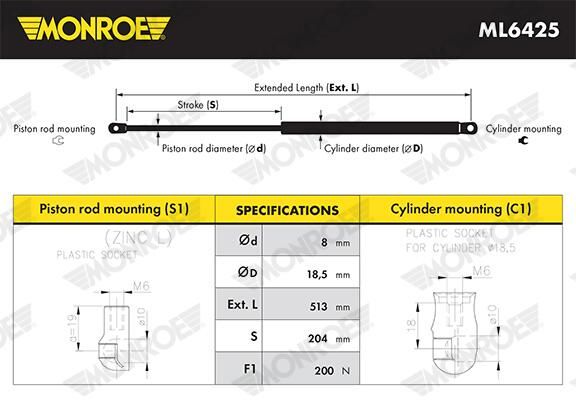 ML6425 MONROE Ammortizzatore pneumatico, Cofano motore 